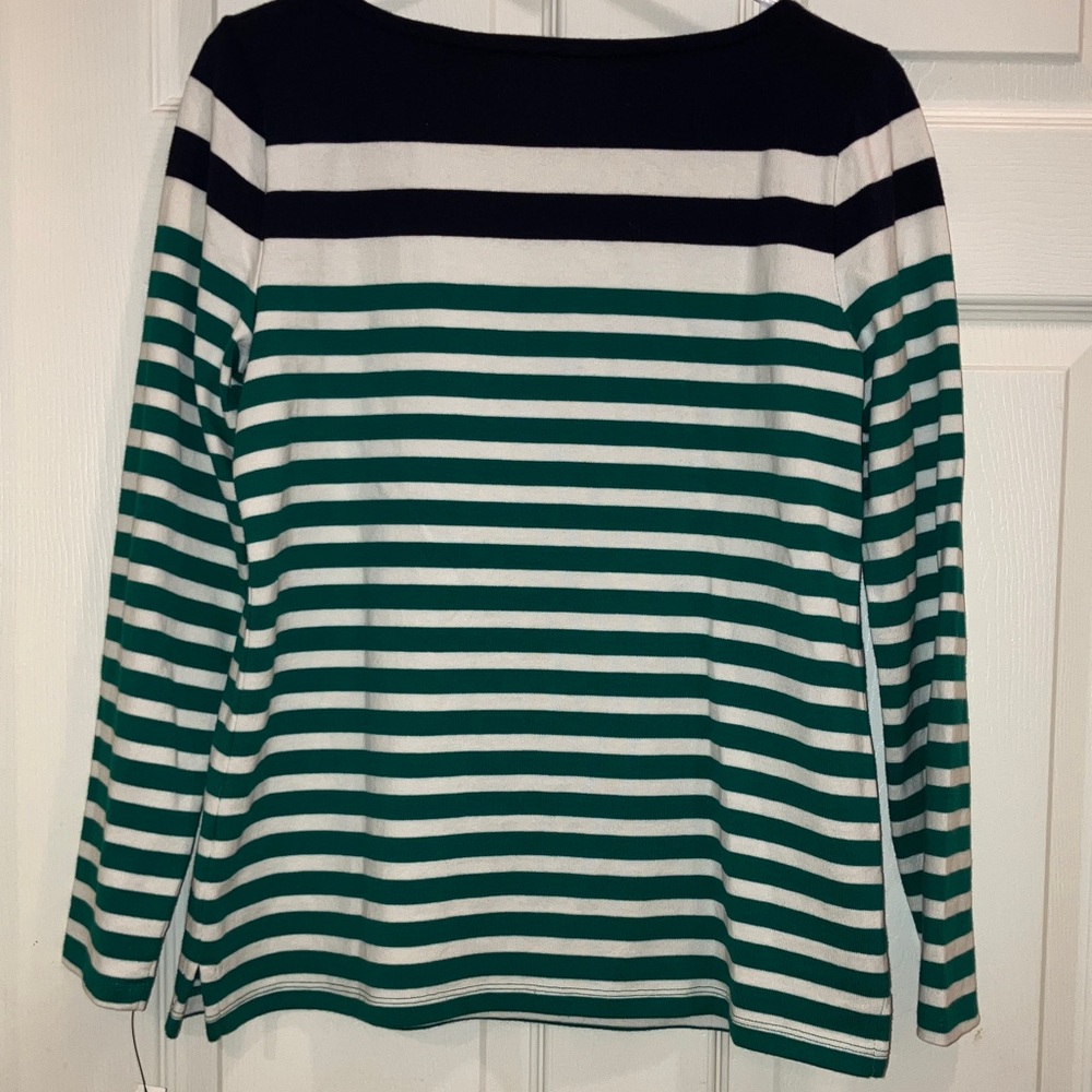 Talbots Petite Stripe Cotton Crewneck Sweater Navy Green White Size SP Quality - Picture 2 of 3